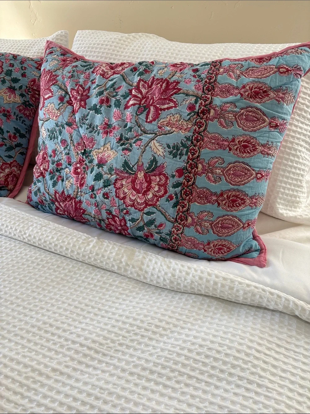 Pottery Barn Shannon Reversible Quilted Floral Pillow Shams Blue Pink Standard